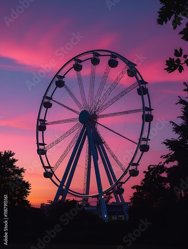 A silhouetted Ferris wheel against a vibrant pink and purple sunset sky, capturing a serene and nostalgic amusement park moment

 photo