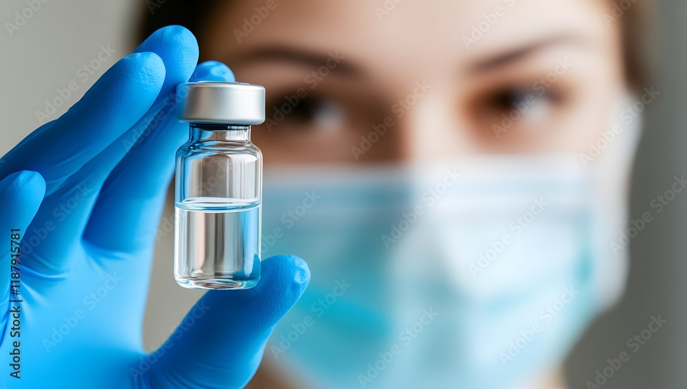 Scientist holding vaccine vial, close-up of gloved hand and protective mask in laboratory setting Scientist holding vaccine vial, close-up of gloved hand and protective mask in laboratory setting