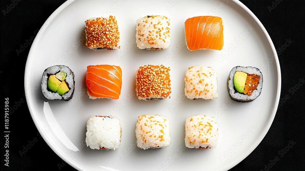 Assorted Sushi Rolls Presented on White Plate with Black Background Assorted Sushi Rolls Presented on White Plate with Black Background