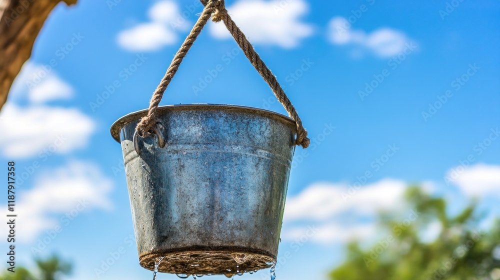 A weathered metal bucket hangs from a rope against a bright blue sky, suggesting utility. A weathered metal bucket hangs from a rope against a bright blue sky, suggesting utility.