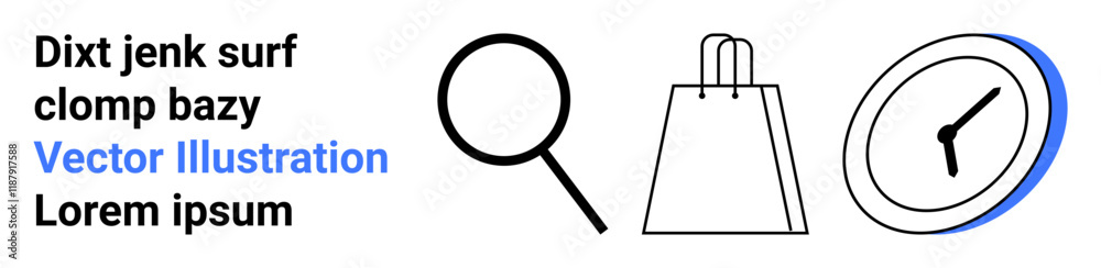Magnifying glass, shopping bag, and clock icons alongside decorative text elements. Ideal for search, e-commerce, time management, minimalism, modern design branding user interface. Landing page Magnifying glass, shopping bag, and clock icons alongside decorative text elements. Ideal for search, e-commerce, time management, minimalism, modern design branding user interface. Landing page