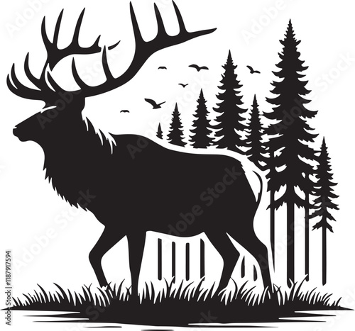 Elk Silhouette line art vector illustration on white background