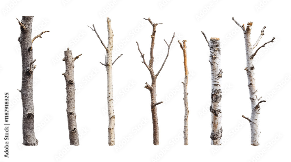 Collection of tree trunks in different sizes, isolated against a white background Collection of tree trunks in different sizes, isolated against a white background