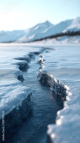 Cracked frozen lake with mountain backdrop, thawing ice. photo