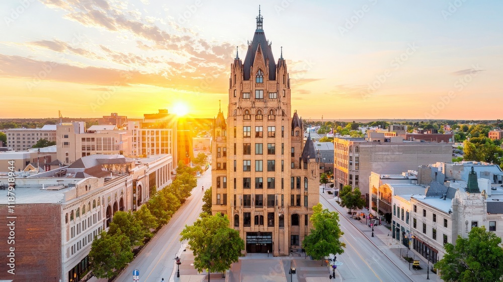 Obraz premium Historic architecture with sunset in the city skyline featuring ornate building structure