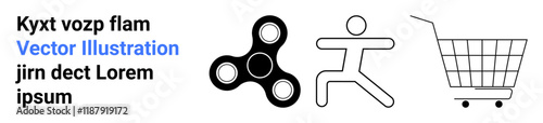 A fidget spinner stylized human figure and shopping cart in black and white simple design Ideal for e-commerce activity fitness and vector art. Banner for landing page