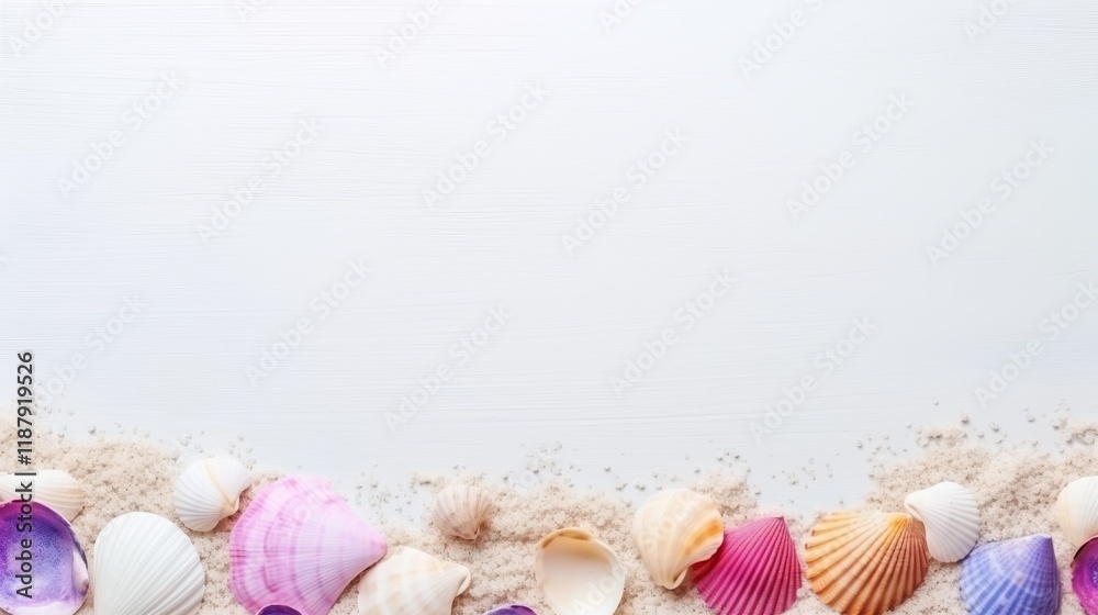 Colorful seashells arranged on sandy surface against white background