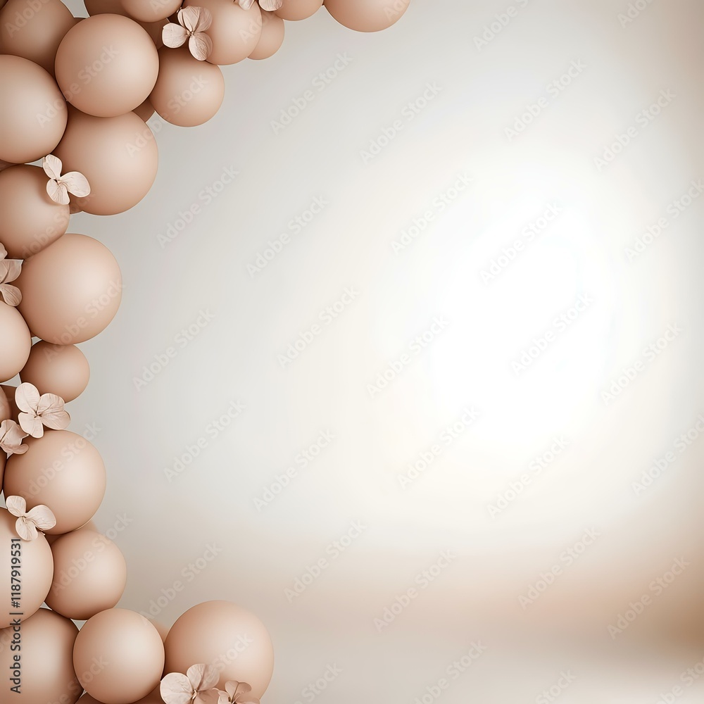 Fototapeta premium Beige spheres & flowers studio backdrop; elegant, minimalist product display
