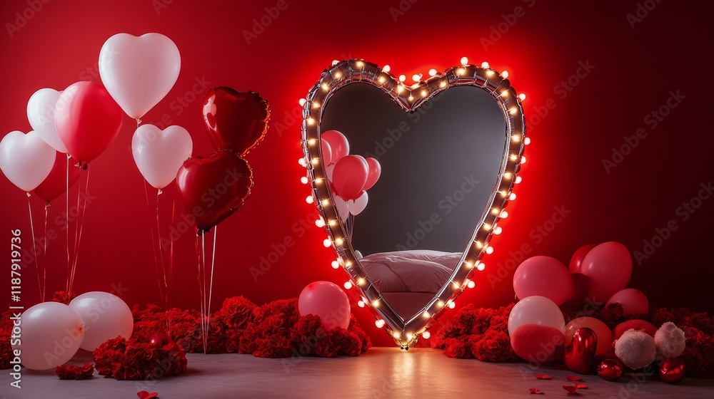 custom made wallpaper toronto digitalExtravagant bedroom luxury interior with love glamur decoration at Valentine day in studio Balloons by heart shaped and at illuminated mirror romantic cozy atmosphere at vivid red background