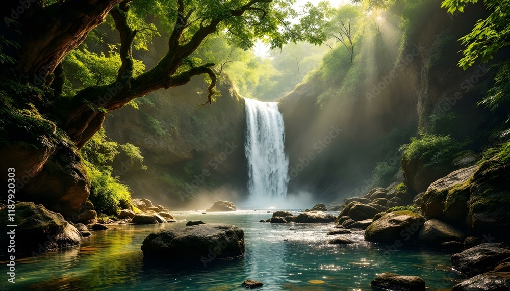 Serene Waterfall: Lush Greenery, Sunlit Pool, Tranquil Scene Serene Waterfall: Lush Greenery, Sunlit Pool, Tranquil Scene