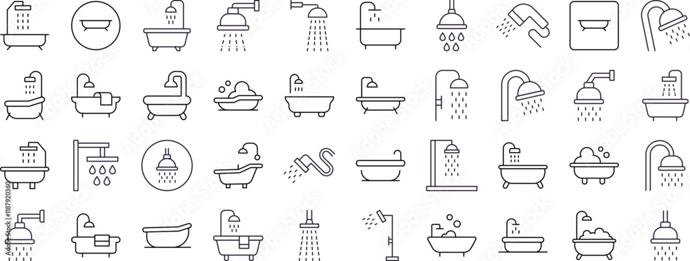 Fototapeta premium Shower and Bathtub Line Icon Collection. Outline Signs for Graphic and Web Design, Apps, Adverts, Various Cards