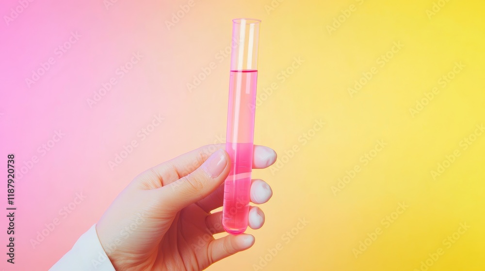A hand is holding a test tube containing pink liquid Pink yellow gradient background with simulated laboratory scene Copy space with front view A hand is holding a test tube containing pink liquid Pink yellow gradient background with simulated laboratory scene Copy space with front view