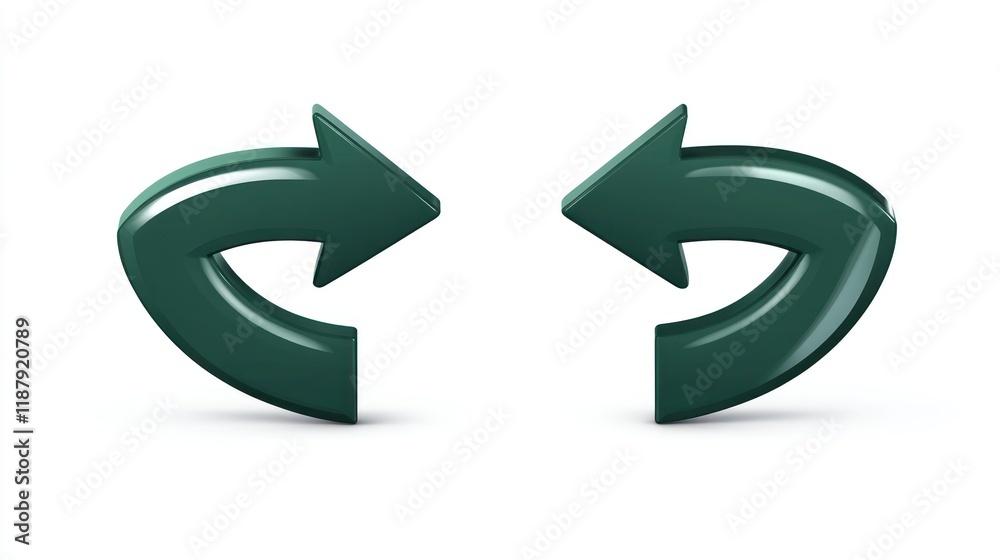 Two 3D curved arrows pointing towards each other, isolated on white background. Two 3D curved arrows pointing towards each other, isolated on white background.