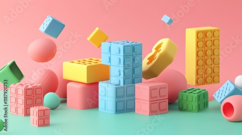 Colorful 3D rendered toy blocks and spheres levitating against a pastel background.