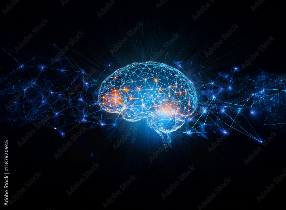 Abstract image of a glowing human brain, its neural network highlighted, suggesting medical research or brain function. Connections pulse with light. Abstract image of a glowing human brain, its neural network highlighted, suggesting medical research or brain function. Connections pulse with light.