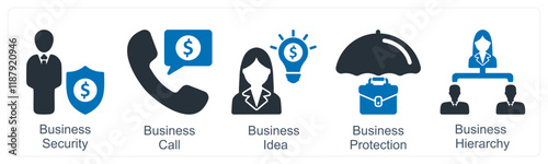 A set of 5 business icons as business security, business call, business idea