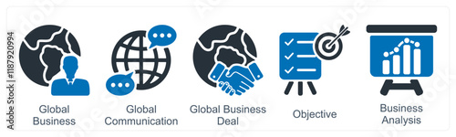 A set of 5 business icons as global business, global communication, business deal