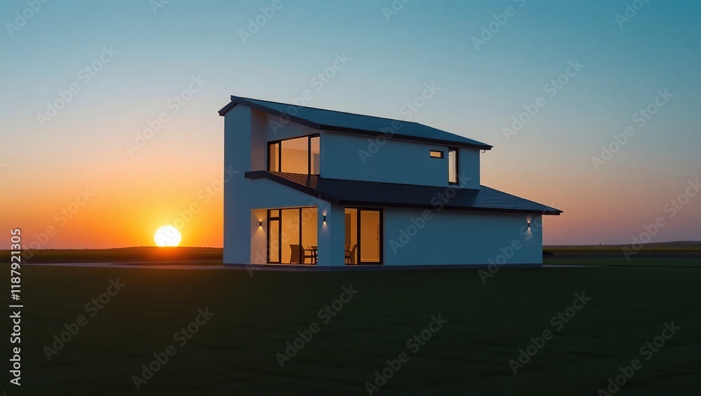 Fototapeta premium Modern Two Story House Sunset Landscape View