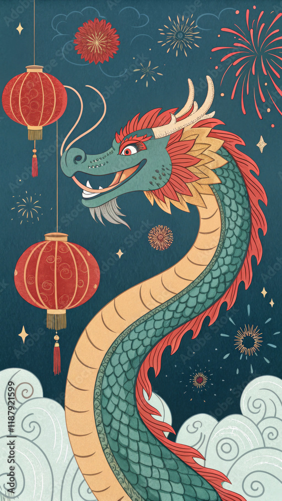 Obraz premium Illustration of a vibrant dragon surrounded by red lanterns, cherry blossoms, and fireworks, symbolizing Lunar New Year traditions, ideal for cultural campaigns, holiday marketing, and event promotion