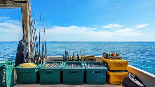 Fishing equipment and supplies arranged on a boat with a clear ocean view. photo