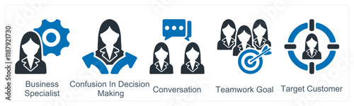 A set of 5 business icons as business specialist, confusion in decision making, conversation