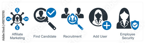 A set of 5 business icons as affiliate marketing, find candidate, recruitment