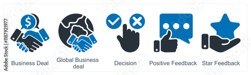 A set of 5 business icons as business deal, global business deal, decision