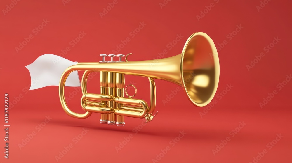 Naklejka premium Gold trumpet with white flag on red background.