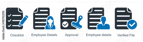 A set of 5 business icons as checklist, employee details, approval