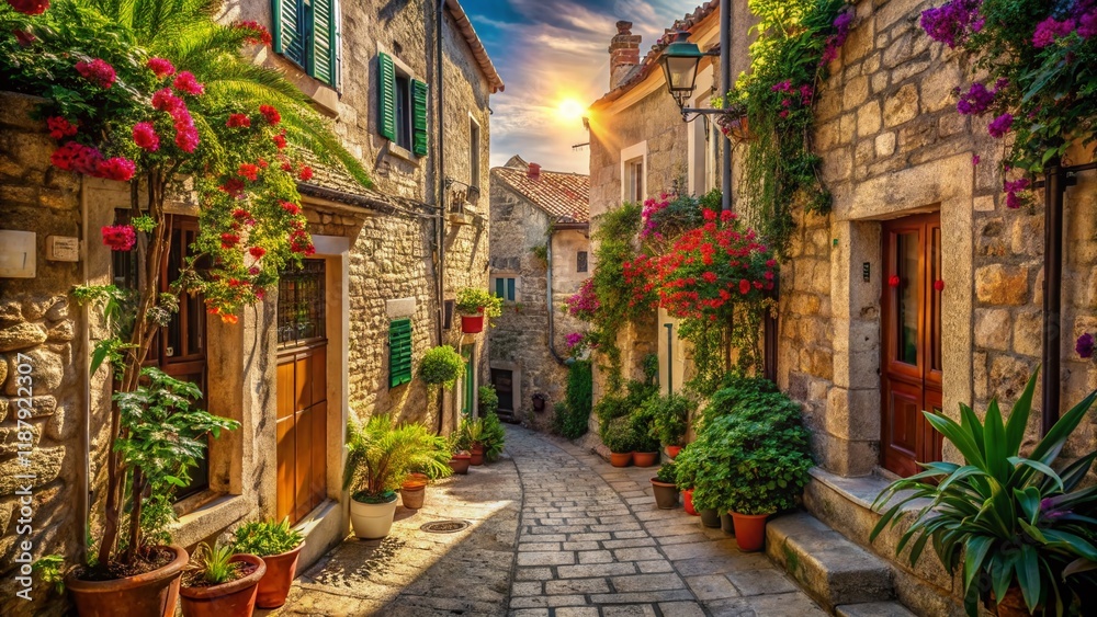 Panoramic View of Charming Croatian Old Town Alleyways & Stone Walls Panoramic View of Charming Croatian Old Town Alleyways & Stone Walls