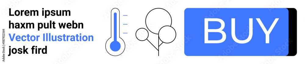 Thermometer with temperature markings, three balloons, blue rectangular BUY button. Ideal for web design, e-commerce, user interface, digital marketing, heat measurement, festive occasions Thermometer with temperature markings, three balloons, blue rectangular BUY button. Ideal for web design, e-commerce, user interface, digital marketing, heat measurement, festive occasions