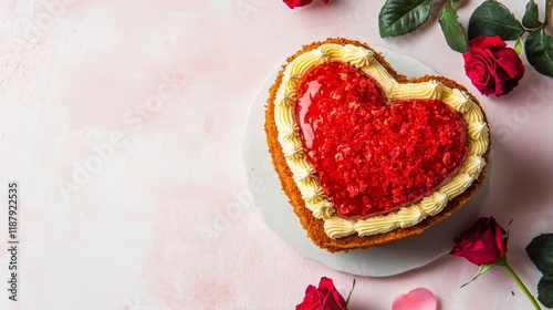 St Valentines Day Delicious heart shaped cake and rose on light pink background