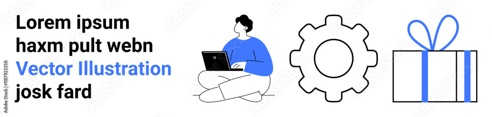 Person sitting with laptop, large gear symbol, and wrapped gift box. Ideal for productivity, technology, online learning, manufacturing, automation gifts customer rewards. Landing page Person sitting with laptop, large gear symbol, and wrapped gift box. Ideal for productivity, technology, online learning, manufacturing, automation gifts customer rewards. Landing page