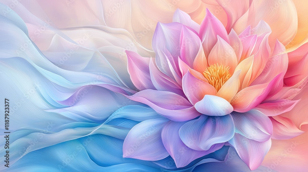 Fototapeta premium Vibrant Lotus Flower Amidst Soft Colorful Waves in a Serene Abstract Background