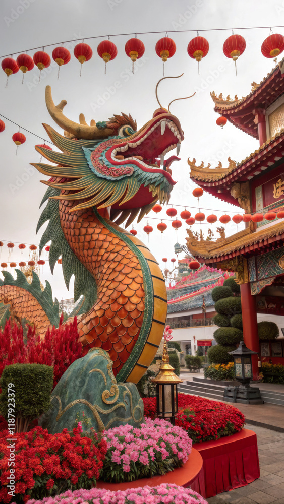 Traditional dragon statues and lanterns in a decorated Chinese temple for Lunar New Year celebrations, ideal for cultural campaigns, festive ads, tourism, and event marketing, emphasizing Chinese heri Traditional dragon statues and lanterns in a decorated Chinese temple for Lunar New Year celebrations, ideal for cultural campaigns, festive ads, tourism, and event marketing, emphasizing Chinese heri