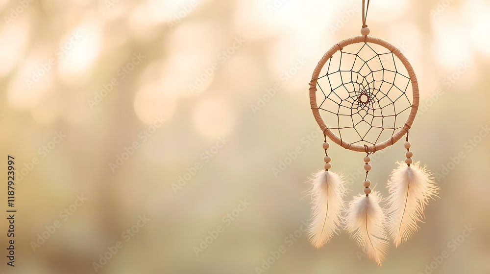Obraz premium Dreamcatcher hanging outdoors, sunset bokeh background, peaceful nature scene, spiritual decoration