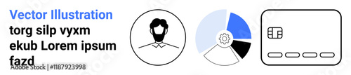 User profile illustration, pie chart with gear icon representing settings, and digital card aim at business, technology, and finance themes. Ideal for presentations, websites, educational tools