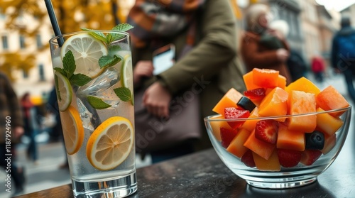 Realistic street photography in the cozy hues of fall. Urban setting, impromptu occasion. A bowl of fresh fruit salad and a pleasant drink of water with cucumber, lemon, and mint are shown in earthy a photo