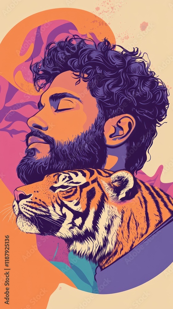 Fototapeta premium Portrait of a man with a tiger, vibrant colors.