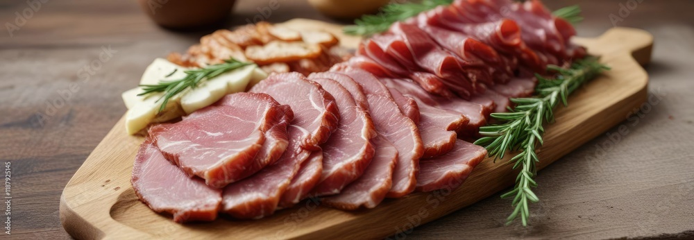 A beautifully arranged charcuterie board featuring a piece of cured pork with a sprig of rosemary, charcuterie, rosemary, cured meat A beautifully arranged charcuterie board featuring a piece of cured pork with a sprig of rosemary, charcuterie, rosemary, cured meat