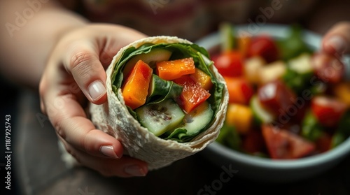 Extremely close-up of a child's hand holding a fruit salad and a vegetable wrap with spinach, carrots, and cucumbers. Small details and textures are highlighted by chiaroscuro lighting, which uses int photo