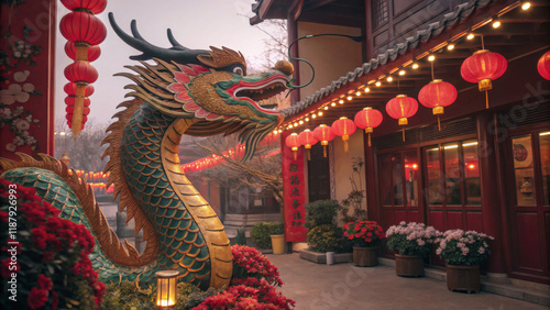 Traditional dragon statues and lanterns in a decorated Chinese temple for Lunar New Year celebrations, ideal for cultural campaigns, festive ads, tourism, and event marketing, emphasizing Chinese heri photo