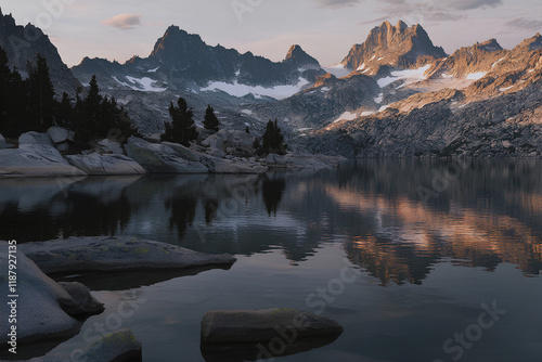 Sunrise over a serene lake with stunning reflections and mountains in the background, capturing the peaceful beauty of nature and the scenic landscape of a valley photo