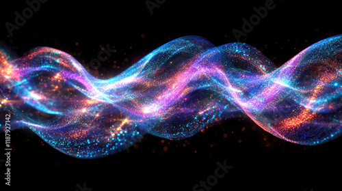 Prompt: A glowing holographic ribbon with fluid waves shimmers in iridescent hues. The spectrum of colors blends harmoniously in an abstract 4K composition