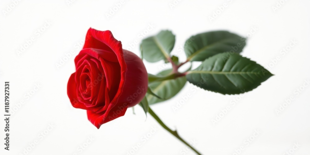 A single, vibrant red rose with delicate green leaves, captured against a stark white background, showcasing the beauty of a classic bloom. A single, vibrant red rose with delicate green leaves, captured against a stark white background, showcasing the beauty of a classic bloom.