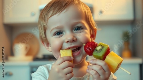 gentle pastel hues and a striking cinematic aesthetic. A child with fair complexion is contentedly eating a pineapple, kiwi, and strawberry kabob. Film-like composition, soft kitchen background, and s photo