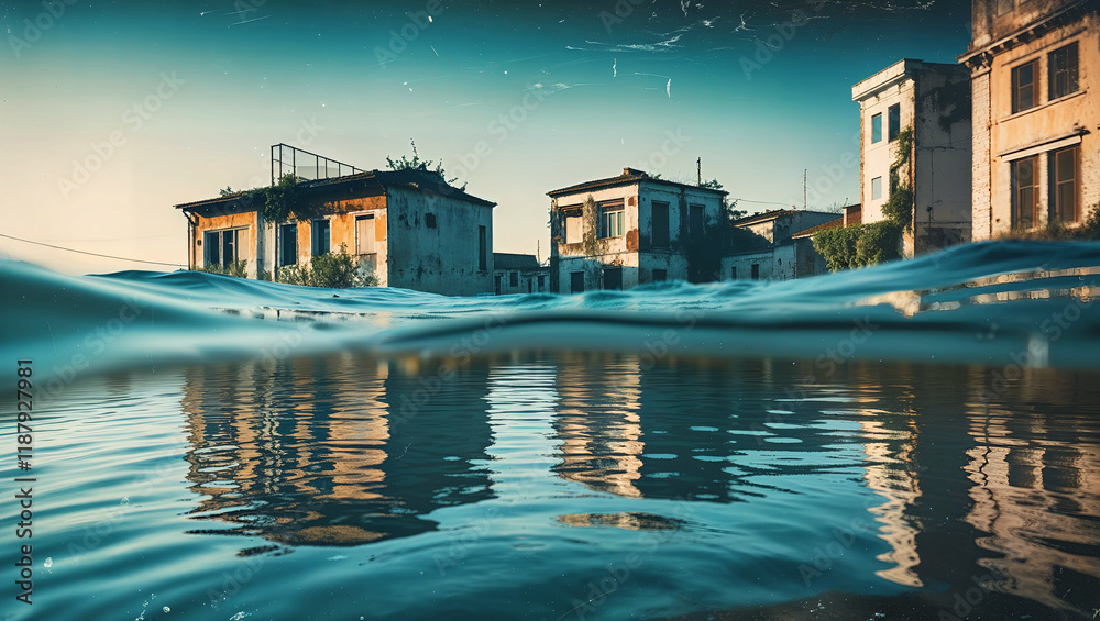 Fototapeta premium 水中に沈む建物と波の反射が織りなす幻想的な都市風景. 生成AI