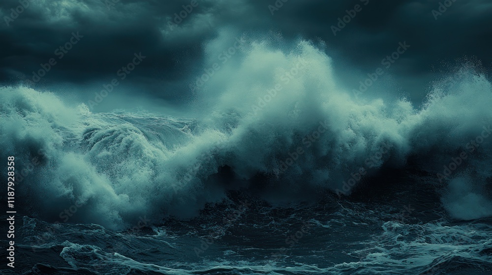 Fototapeta premium Giant ocean waves crashing under stormy sky.