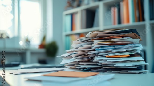 Stacking of mails pile on white table photo