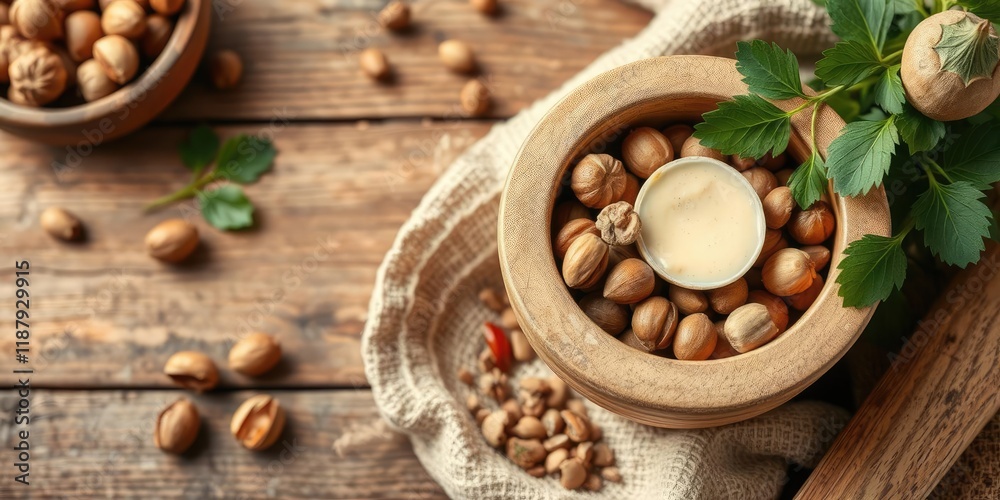 A few shelled walnuts in a wooden mortar surrounded by rustic kitchen utensils, ingredient, food, natural A few shelled walnuts in a wooden mortar surrounded by rustic kitchen utensils, ingredient, food, natural